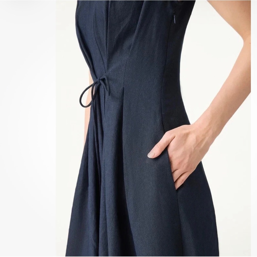 OGL Move Navy Blue Linen Blend Sleeveless Tie Waist Midi Dress Pockets S 2581W43 - Picture 2 of 7